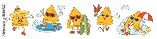 Cute nachos characters. Funny groovy corn chips, happy triangle snacks with faces and mustache, feet and hands, traditional mexican mascot in sombrero, fast food, cartoon garish vector set