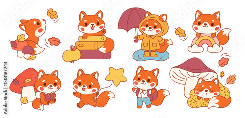 Cute kawaii fox. Little funny animals, forest fauna, fluffy redheads characters, different poses, actions, autumn mascot, wildlife creature, stickers garish vector cartoon isolated set