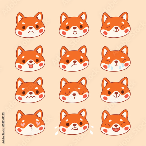Cute fox emoji. Kawaii animal faces with different moods, positive and negative emotions, Happy, angry and crying fluffy redheads character, stickers garish vector cartoon set