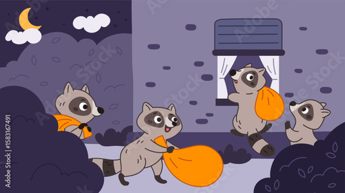 Cartoon racoon thieves. Little funny animals with bags of loot, cute night characters climbing out of window of house, criminal burglar mammal, wildlife beast pets garish vector concept