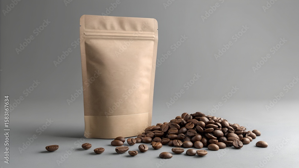 Kraft coffee pouch with roasted beans on minimalist grey background Kraft coffee pouch with roasted beans on minimalist grey background