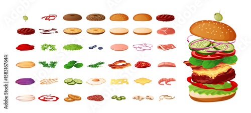 Burger kit. Fast food ingredients constructor, preparations, sliced vegetables, patty, cheese, bacon, sauce between buns, restaurant menu elements cartoon flat isolated tidy vector set