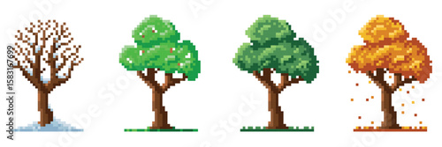 Season pixel tree. Deciduous plant, seasons change, spring, summer, autumn and winter, yellow foliage shedding, botany and grass, landscape elements, qualitative vector isolated concept