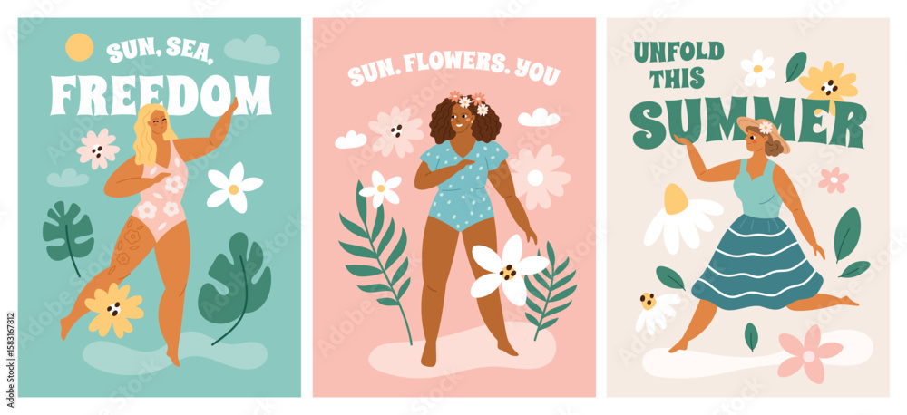 Fototapeta premium Pretty women with flowers. Beautiful female characters, sexy curved girls in bikinis and dress, body positive self love, summer poster, happy people garish vector cartoon flat isolated set