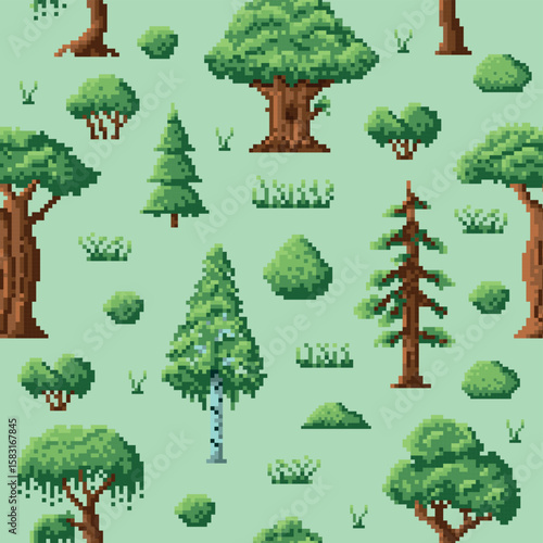 Pixel trees and bushes seamless pattern. 8 bit game landscape, plants sprites, forest location, play design. Textile, wrapping paper, wallpaper. Print for fabric qualitative vector background