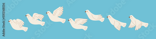 Flying dove animation. White city bird motion, cartoon beautiful pigeon sequences, flutter of wings full cycle, freedom, love and peace symbol, isolated character, garish vector concept