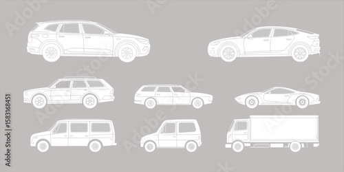 Car blueprint side view vector illustration, minimal vehicle outline, van truck SUV sedan drawing, transport clipart bundle, auto silhouette technical diagram, editable sketch