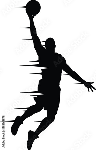 MobileSilhouette of basketball player slam dunking with abstract glitch effect, modern vector sports art, dynamic motion athlete design illustration