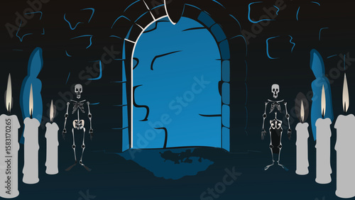 Illustration of a spooky dungeon scene with skeletons candles and a stone archway entrance to the unknown