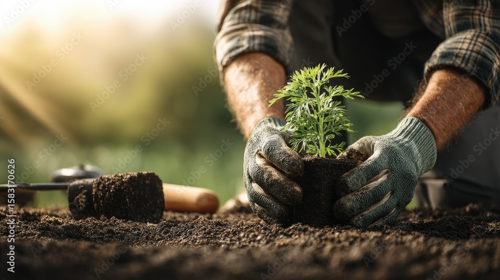 A person carefully plants a young seedling into the earth. A person carefully plants a young seedling into the earth.