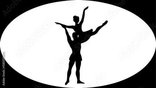 Silhouette of a ballet couple performing a lift against a white oval background in black and white style