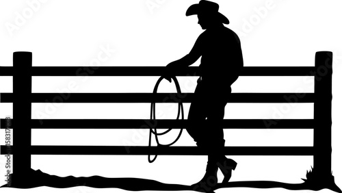 Silhouette of cowboy leaning on fence with lasso in hand under a white background in a western scene