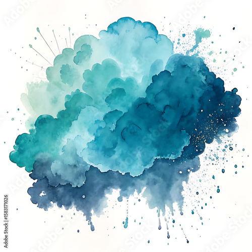 Wallpaper Mural Abstract Teal Watercolor Cloud Burst:  Serene, Dreamy, Textured Background with Gold Accents. Torontodigital.ca