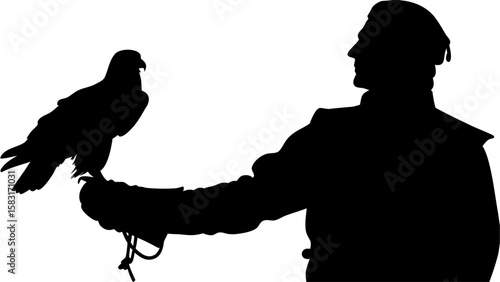 Silhouette of a falconer holding a falcon on his gloved hand in a side view against white background