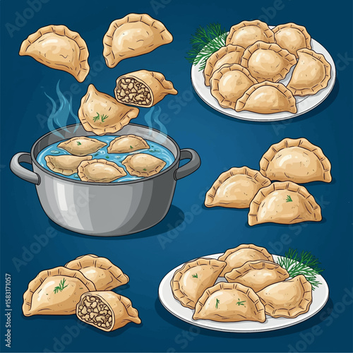 illustration, food, traditional, drawing, meal, dish, delicious, vareniki, dough, dinner, menu, cuisine, vector, background, ravioli, homemade, cooking, pelmeni, lunch, sketch, meat, restaurant, dumpl