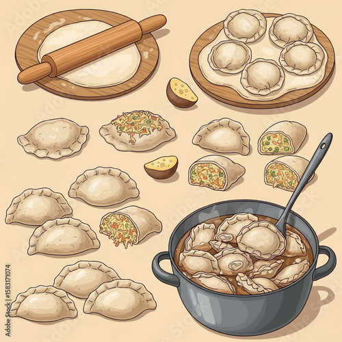 illustration, food, traditional, drawing, meal, dish, delicious, vareniki, dough, dinner, menu, cuisine, vector, background, ravioli, homemade, cooking, pelmeni, lunch, sketch, meat, restaurant, dumpl