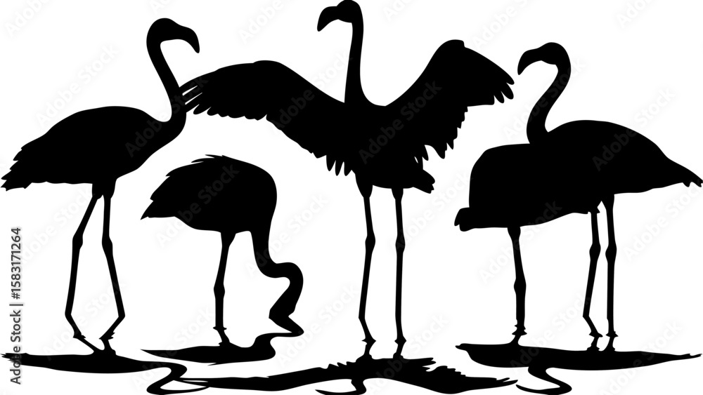 Naklejka premium Silhouette depiction of four flamingos standing in water with one flamingo spreading its wings wide open