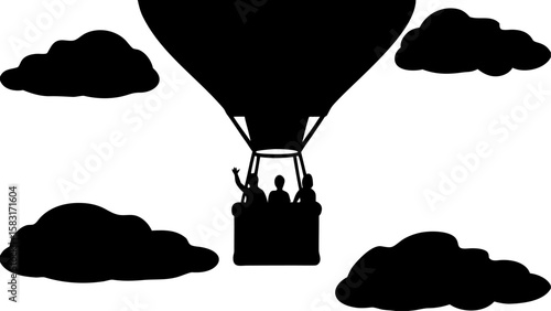 Silhouette of a hot air balloon with three people in the basket surrounded by cloud shapes in the sky