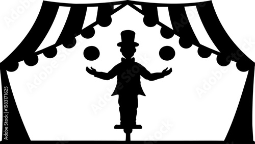 Silhouette of a circus performer juggling balls while riding a unicycle under a striped big top tent
