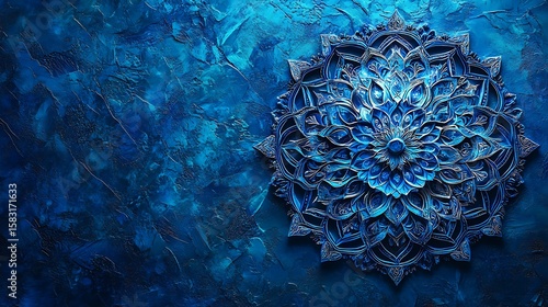 Intricate blue mandala on textured background