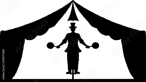 Silhouette of a circus performer on a unicycle juggling under a big top tent in black and white art