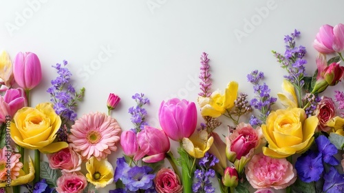 Vibrant floral arrangement of colorful flowers against a white background.