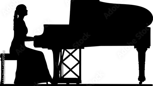 Silhouette of a woman playing a grand piano in a long dress with a stool in a musical performance