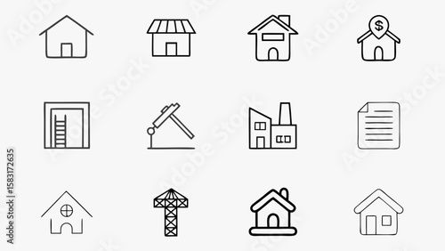 Construction and Real Estate Line Icon Set – House, Crane, Blueprint, Property Sale, Mortgage, Agent, and Building Permit Vector Symbols