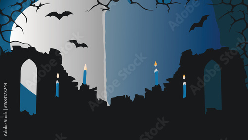 Silhouette of ruined building with candles and bats under the moonlight in the night sky scene