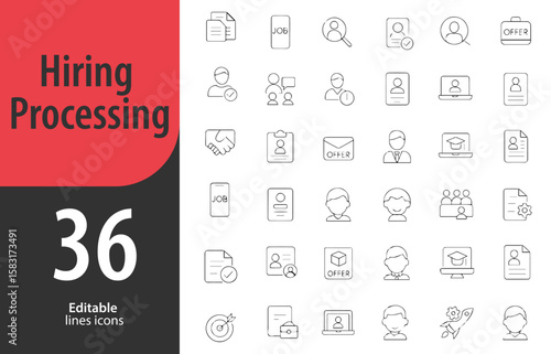 Hiring Process Line Icons, Job Posting, Resume Review, Interview, Shortlisting, Offer Letter, Editable Formats: AI, EPS, PNG, Ideal for Both UI and Print Media Use
