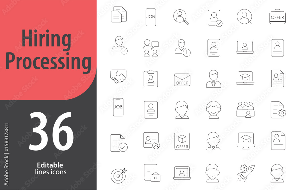 Fototapeta premium Hiring Process Line Icons, Job Posting, Resume Review, Interview, Shortlisting, Offer Letter, Editable Formats: AI, EPS, PNG, Ideal for Both UI and Print Media Use 