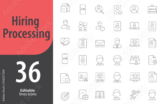 Hiring Process Line Icons, Job Posting, Resume Review, Interview, Shortlisting, Offer Letter, Editable Formats: AI, EPS, PNG, Ideal for Both UI and Print Media Use
