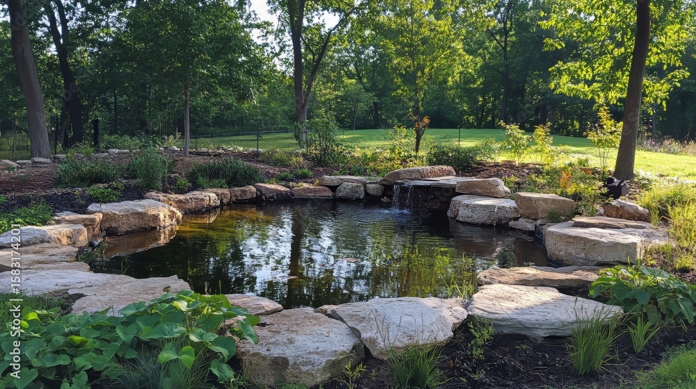 A natural pond surrounded by trees in an outdoor scene A natural pond surrounded by trees in an outdoor scene