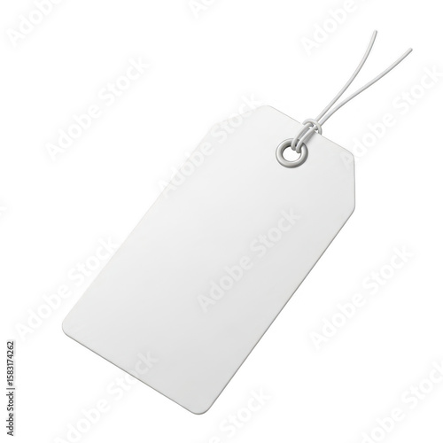 Photo of a blank white paper tag with a string and hole, ready for price or product information, isolated on a transparent background