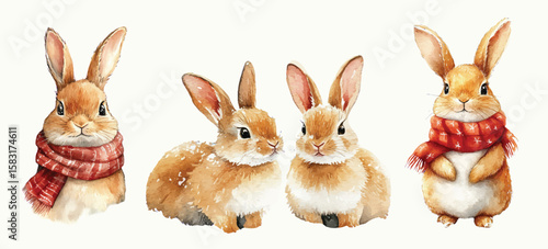 Christmas watercolor rabbits with red scarf winter vector illustration