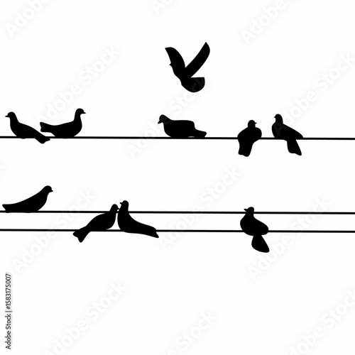 Silhouette of a flock of pigeons perched on a power line on a white background. Vector illustration.