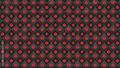 Black and Red Seamless Poker Pattern with Golden Casino Playing Card Suits Symbols Design