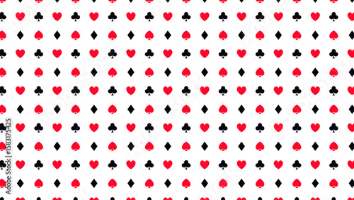 Seamless Poker Suits Pattern with Hearts, Spades, Clubs, Diamonds on White Casino Background