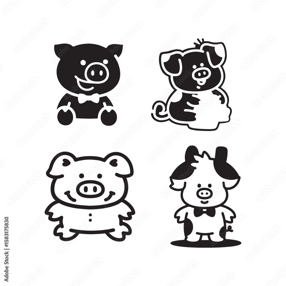 Obraz premium Piggy piglet pig swine animal farm livestock pork mammal cute cartoon vector illustration icon set