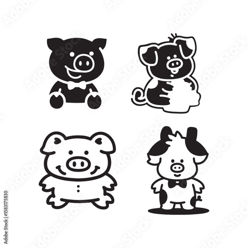 Piggy piglet pig swine animal farm livestock pork mammal cute cartoon vector illustration icon set
