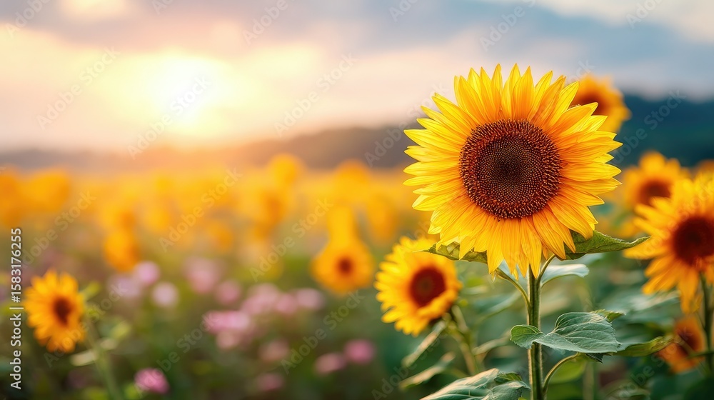 Fototapeta premium Golden sunflowers in a field at sunset.