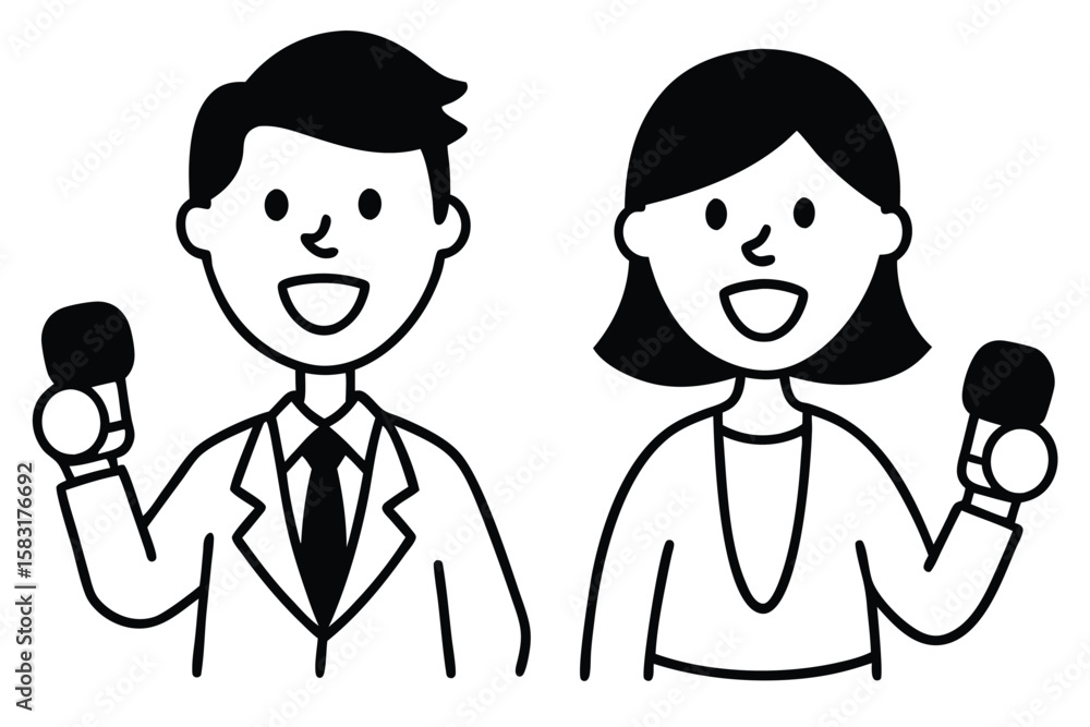 Reporters with microphones line art vector illustration