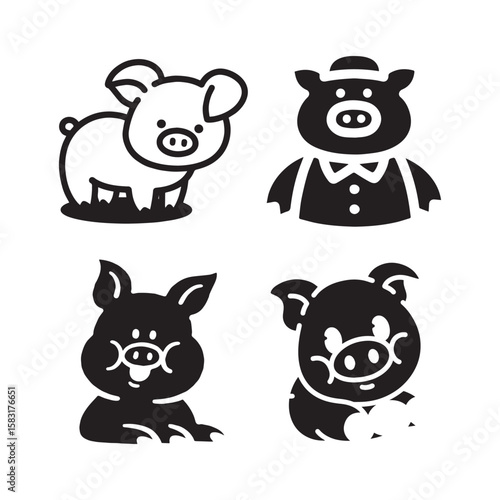 Cartoon pig vector illustration cute animal design graphic art piglet drawing farm animal black and white