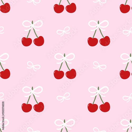 Wallpaper Mural Cute cherry and bow pattern on soft pink background. Sweet and playful design, perfect for girly fashion, wrapping paper, and kawaii-themed projects. Torontodigital.ca