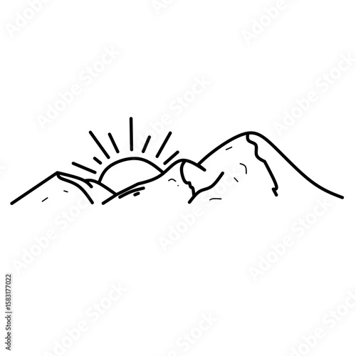 Simple line art of a sun rising behind mountain peaks, representing hope, new beginnings, nature, and adventure. Ideal for outdoor, travel, and inspirational themes.