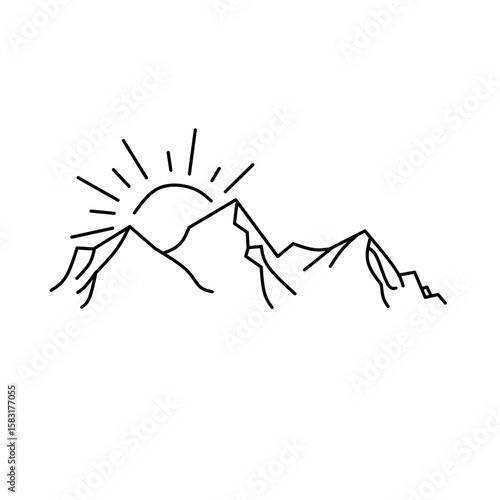 Minimalist line art of mountains with a rising sun, symbolizing nature, new beginnings, adventure, and tranquility. Perfect for outdoor and travel themes.