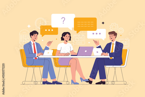 Business Job Interview Concept – Vector Cartoon Illustration of Two Interviewers Asking Questions to Young Man in Suit at Table with Laptop – Isolated Background