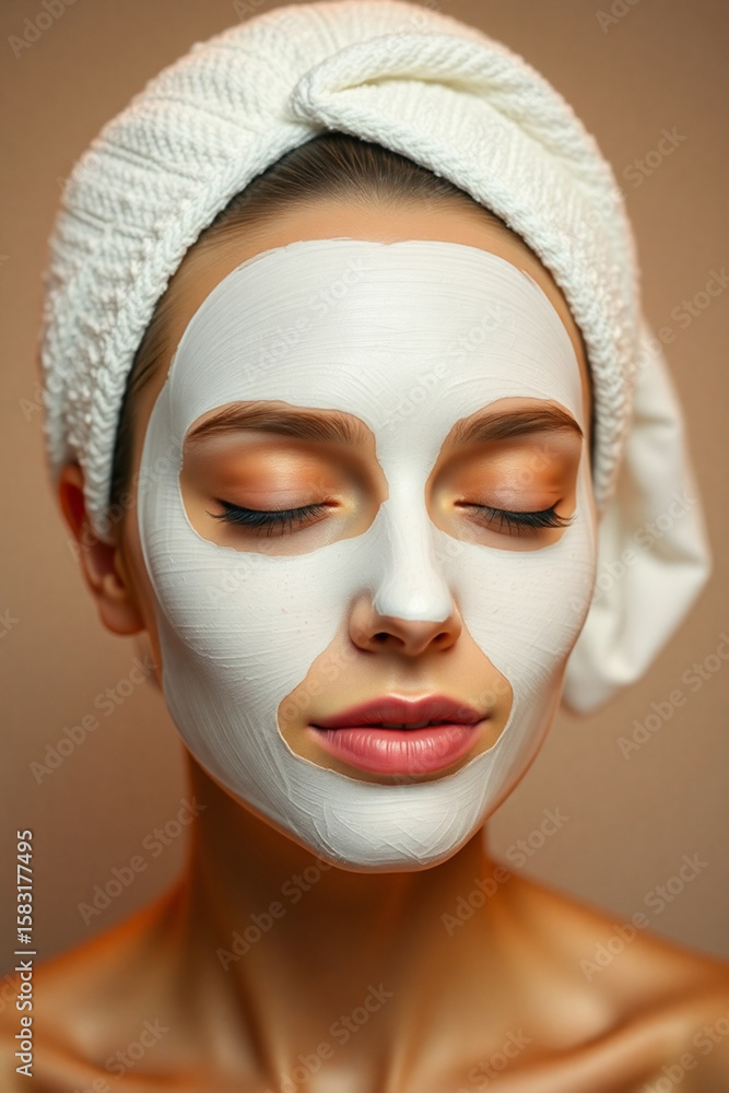 Portrait of a beautiful young woman with a white clay face mask evenly applied on her face, and head wrapped in a white towel Portrait of a beautiful young woman with a white clay face mask evenly applied on her face, and head wrapped in a white towel