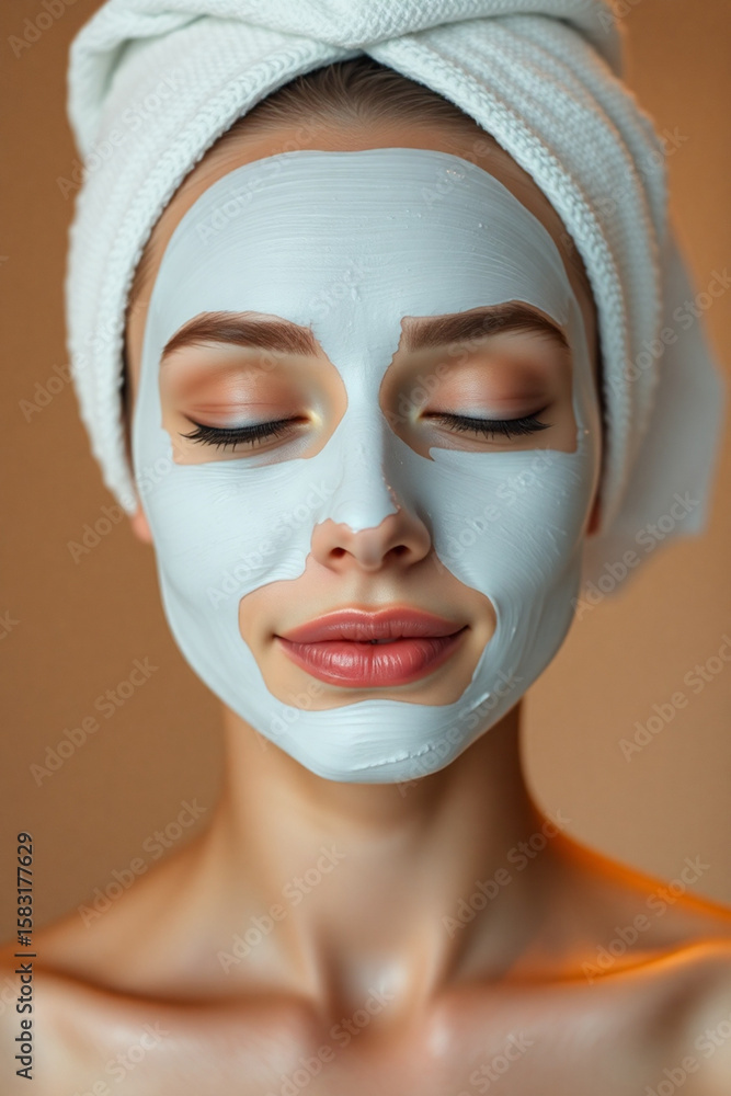 Portrait of a beautiful young woman with a white clay face mask evenly applied on her face, and head wrapped in a white towel Portrait of a beautiful young woman with a white clay face mask evenly applied on her face, and head wrapped in a white towel