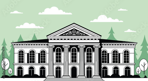 Elegant government building vector illustration with classical architecture in a green landscape